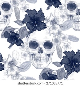 Vector seamless background. Exotic flowers. Hibiscus, palm leaves, skulls. Design for fabrics, textiles, paper, wallpaper, web. Retro. Vintage style. Floral ornament. Black and white.