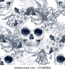 Vector seamless background. Exotic flowers. Ylang,  palm leaves, skulls. Design for fabrics, textiles, paper, wallpaper, web. Retro. Vintage style. Floral ornament. Black and white.