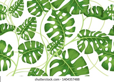 Vector seamless background with exotic plants liana green leaves on a white background. For clothing design or wallpaper