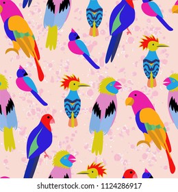 Vector seamless background with Exotic tropical birds paradise parrot, toucan pattern.