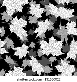 Vector seamless background: a lot of falling autumn maple leaves in air (black and white).