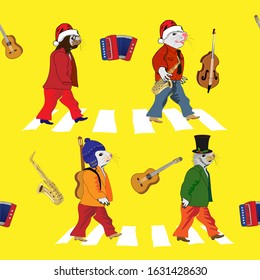 Vector seamless background of the famous music band, Christmas mice - symbol of 2020