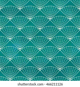 Vector seamless background with fan pattern. Sachiko embroidery. Watercolor backdrop. Hand drawing in Japanese style.