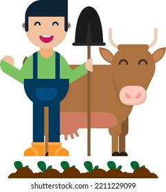 Vector seamless background of a farmer and a cow. Livestock and organic crops. Farmer taking care of animals. Rural life in the countryside. Farm worker.