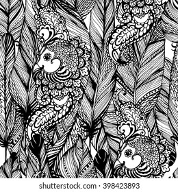 Vector seamless background with feathers and bird in Bohemian style black and white. Hand drawn illustration for prints, fabric, wrapping and other design.