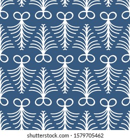 Vector seamless background with fern leaves. Beautiful repeating texture. White in blue