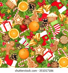 Vector seamless background with fir branches, balls, bells, gingerbread cookies, candy canes, cones, socks and boxes.