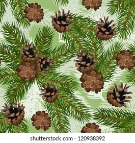 Vector seamless background with fir tree branches and cones.