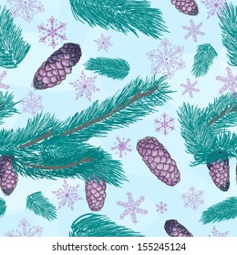 Vector seamless background with fir tree branches and cones.