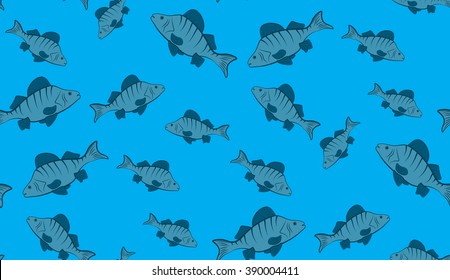 Vector seamless background of fish. Chaotic fish. Blue style