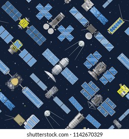 Vector seamless background with flat isolated satellite in space. 