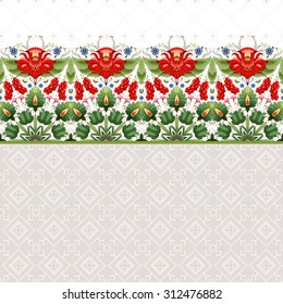 Vector seamless background. Floral border and cross stitch ornament on backdrop. Style of Petrykivka painting. Ukrainian pattern.