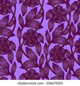 Vector seamless background with floral branches. Intricate ornament made of twisted flowers