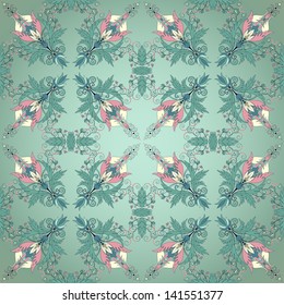 Vector seamless background. Floral pattern. Beautiful fantasy flowers with leaves and berries.