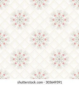 Vector seamless background with floral round patterns. Delicate ornament on backdrop.