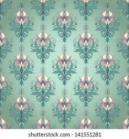 Vector seamless background. Floral vintage pattern. Beautiful fantasy flowers with leaves and berries.