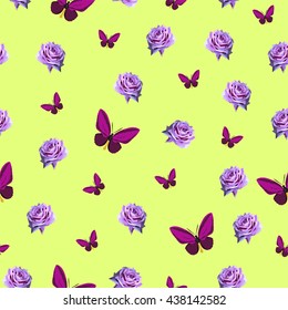 Vector seamless background, flower decoration, perfect illustration for wall paper, card, cover and interior design, image with purple polygonal butterfly and pink rose