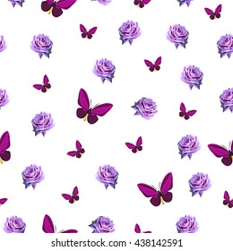 Vector seamless background, flower decoration, perfect illustration for wall paper, card, cover and interior design, image with purple polygonal butterfly and pink rose