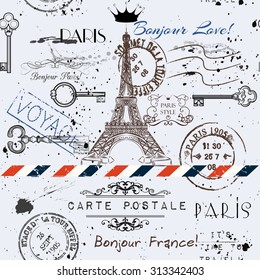 Vector seamless background with flower Eiffel tower and post stamps imitation of vintage postcard in grunge style