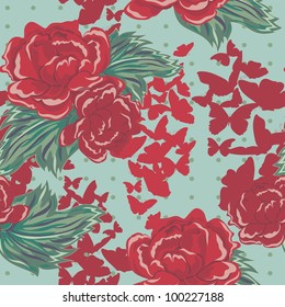 vector seamless background with flowers and butterflies
