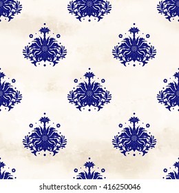 Vector seamless background. Flowers in imitation of chinese porcelain painting on watercolor backdrop.