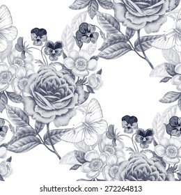 Vector seamless background. Flowers roses, peonies, pansies. Design for fabrics, textiles, paper, wallpaper, Internet. Retro. Vintage. Floral ornament. Victorian style.