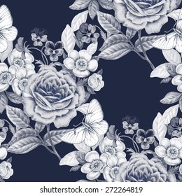 Vector seamless background. Flowers roses, peonies, pansies. Design for fabrics, textiles, paper, wallpaper, Internet. Retro. Vintage. Floral ornament. Victorian style.