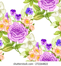 Vector seamless background. Flowers roses, peonies, pansies. Design for fabrics, textiles, paper, wallpaper, Internet. Retro. Vintage. Floral ornament. Victorian style.
