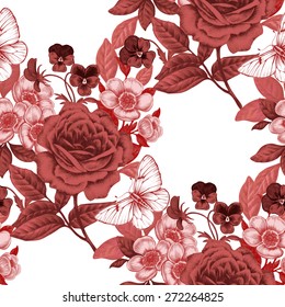 Vector seamless background. Flowers roses, peonies, pansies. Design for fabrics, textiles, paper, wallpaper, Internet. Retro. Vintage. Floral ornament. Victorian style.