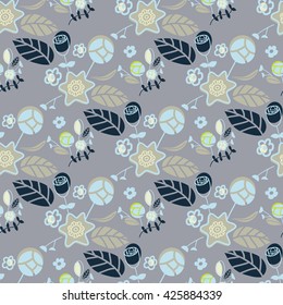 Vector seamless background with flowers.Stylized illustration. Ornament with rustic folk motifs