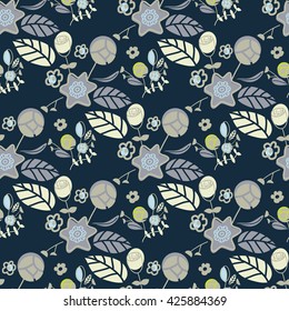 Vector seamless background with flowers.Stylized illustration. Ornament with rustic folk motifs