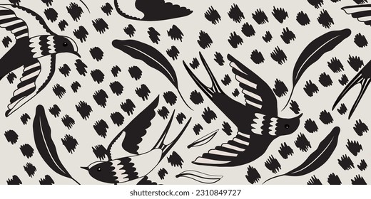 
Vector seamless background with flying birds swallows black and white.