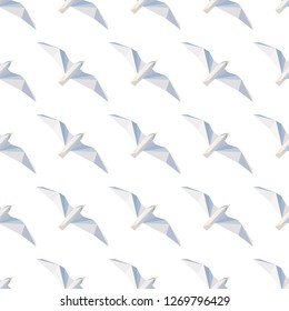 Vector seamless background with flying seagulls. Modern polygonal  design. Origami birds. Flat design pattern 