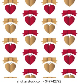 vector seamless background with folded hearts and bows of ribbon