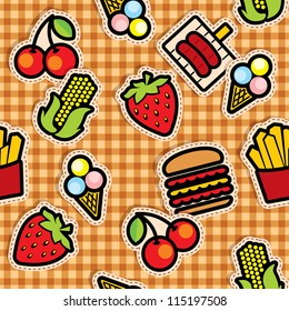 vector seamless background with food icons on checkered tablecloth