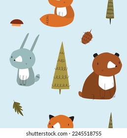 Vector Seamless background with forest animals. Cartoon bear, fox, hare. Cartoon forest animals. Simple pattern for children.Fabric, paper, wallpaper