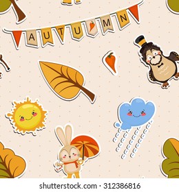 Vector seamless background of forest dwellers and trees. The cheerful sun, rainy cloud, old owl with a cane and a funny Bunny in boots.Funny Bunny with umbrella under the cloud.