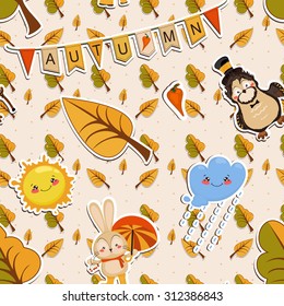 Vector seamless background of forest dwellers and trees. Funny Bunny with umbrella under the cloud. The cheerful sun, rainy cloud, old owl with a cane and a funny Bunny in boots.