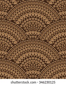 Vector seamless background in the form of fish scales, consisting of hearts. Fountain of hearts on a brown background.