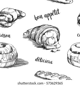 Vector seamless background with French pastries: croissant, baguette, rolls