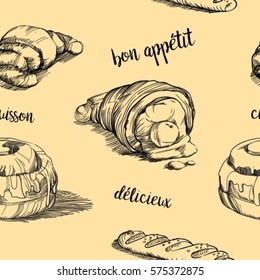 Vector seamless background with French pastries: croissant, baguette, rolls