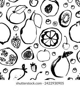 Vector de fondo transparente con frutas. patrón de alimentos abstractos sin fisuras. Papel fresco con manzana, pera, frambuesa, melocotón. Ilustración vectorial de productos vegetarianos