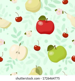 Vector seamless background with fruits, berries, flowers and leaves. Apples, pears, and cherries.