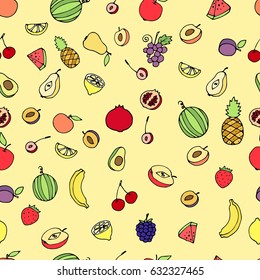 Vector seamless background with fruits for your design, fabric, paper. Sketch Apple,grapes, pineapple, strawberries, cherries, pears,lemon, plums, peach.