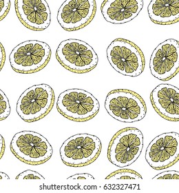 Vector seamless background with fruits for your design, fabric, paper. Sketch of lemon.