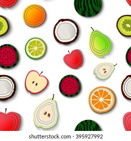 Vector seamless background with fruits.Fruits pattern for your design.Tropical fruits.apple, pear, melon, kiwi, pomegranate, orange, lime, coconut