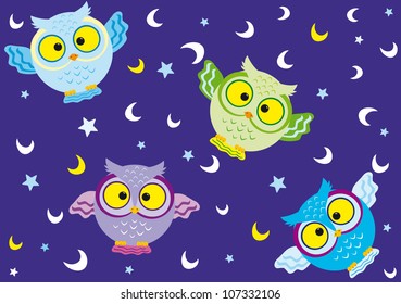 vector seamless background with fun colorful owls