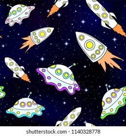 Vector seamless background with funny colorful cartoon spaceships