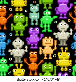 Vector Seamless Background: Funny Colorful Robots on Black. Droid's Pattern