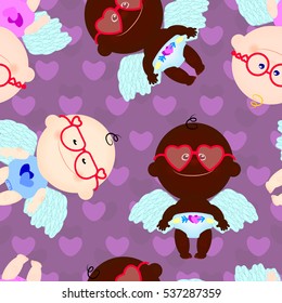 vector seamless background funny cute children in costume angel cupid with wings in spectacles, pink hearts on violet